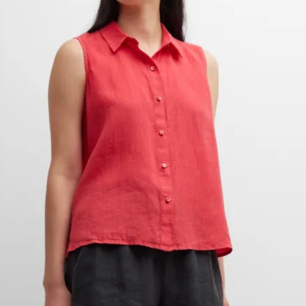 Eileen‎ Fisher Women's Linen Button Down Tank Red Shirt Blouse Plus Size 1X